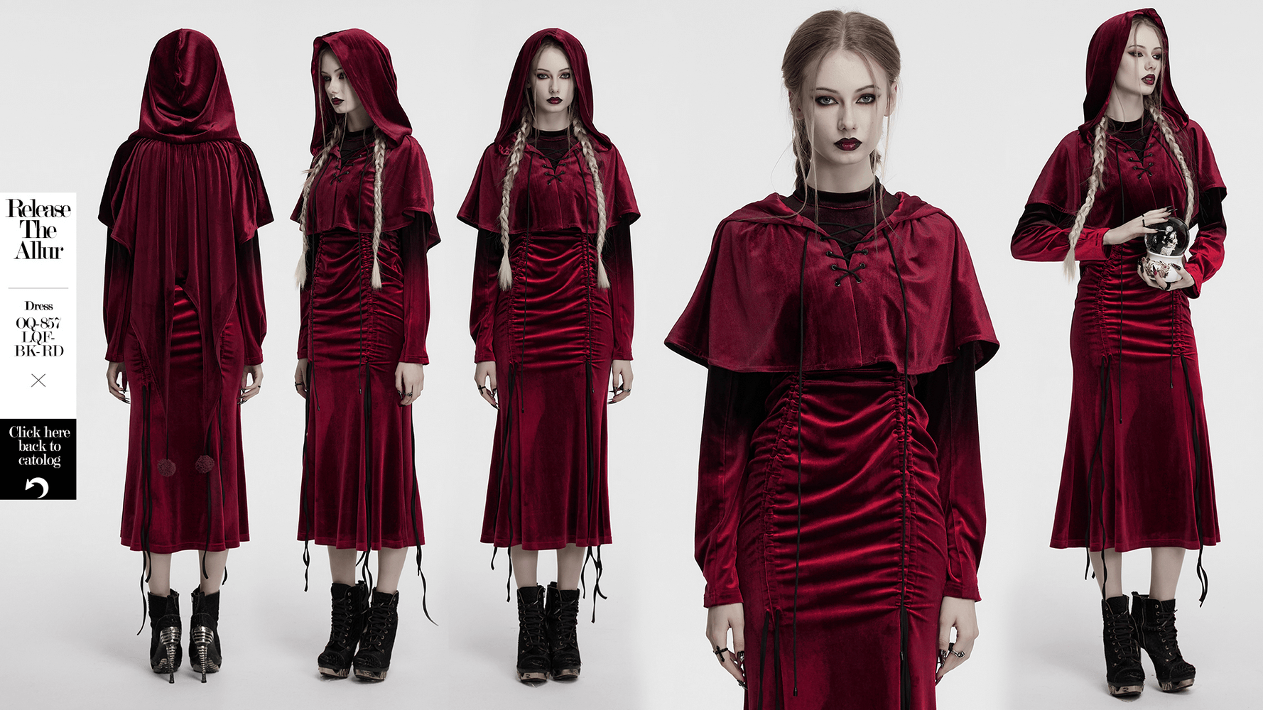 Burgundy velvet hooded cape with pom pom ties, featuring a sleek design and dramatic pointed hem.