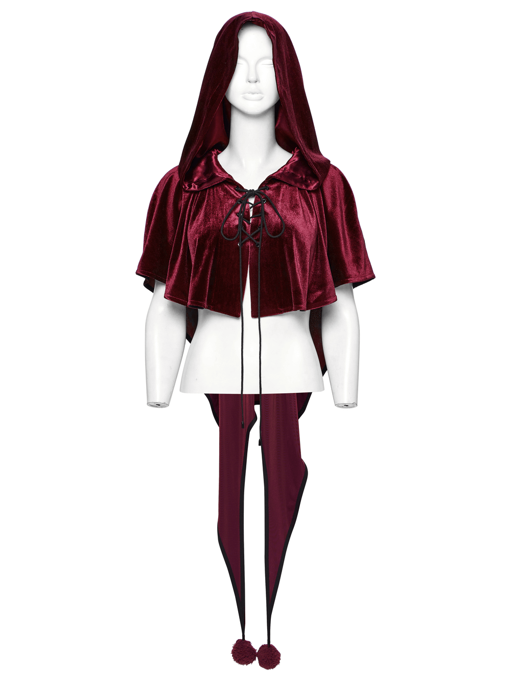 Burgundy velvet hooded cape with pom pom ties and a sleek, gothic-inspired design.