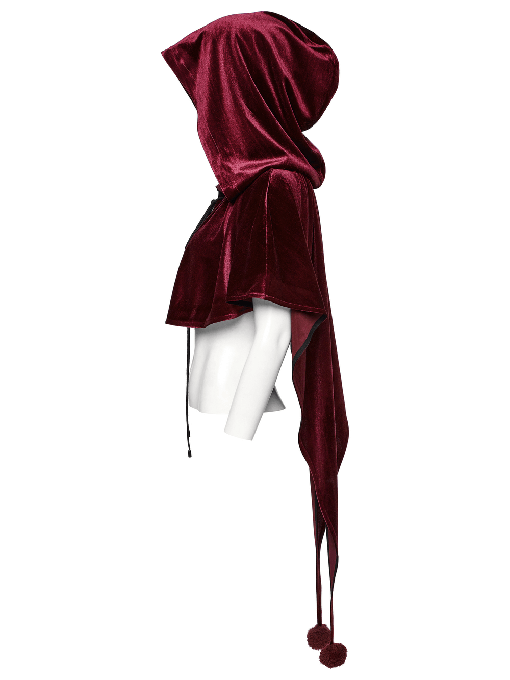 Burgundy velvet hooded cape with pom pom ties displayed on a mannequin from the side, showcasing its elegant cut.