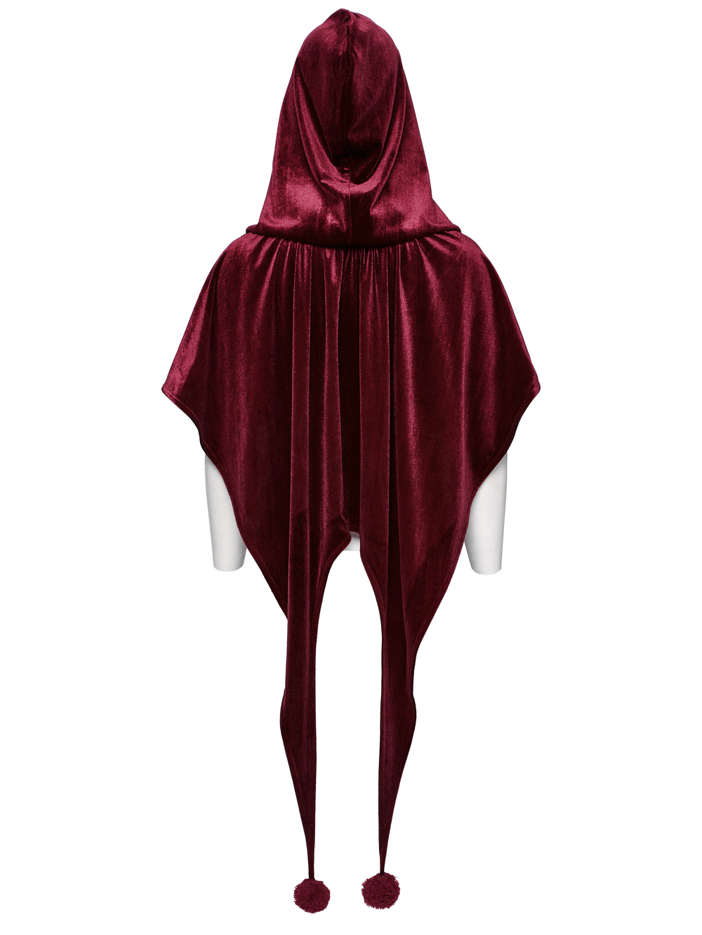 Burgundy velvet hooded cape with pom pom ties, featuring a flowing hem and gothic elf-inspired design.