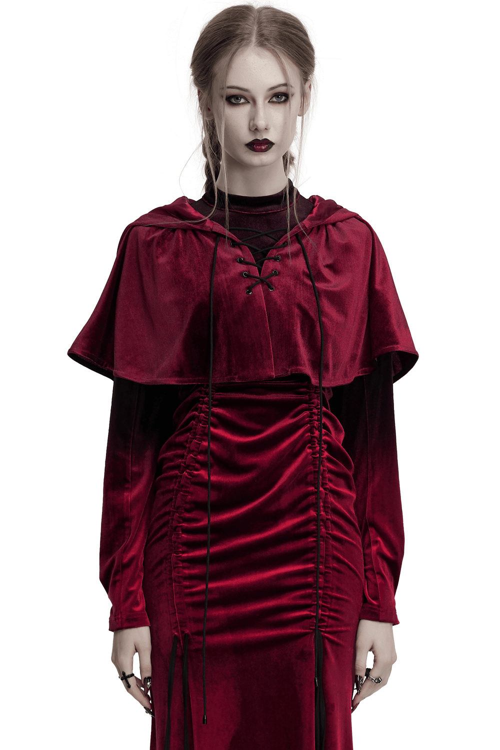 Burgundy velvet hooded cape with lace-up ties and gothic-inspired design for alternative fashion.