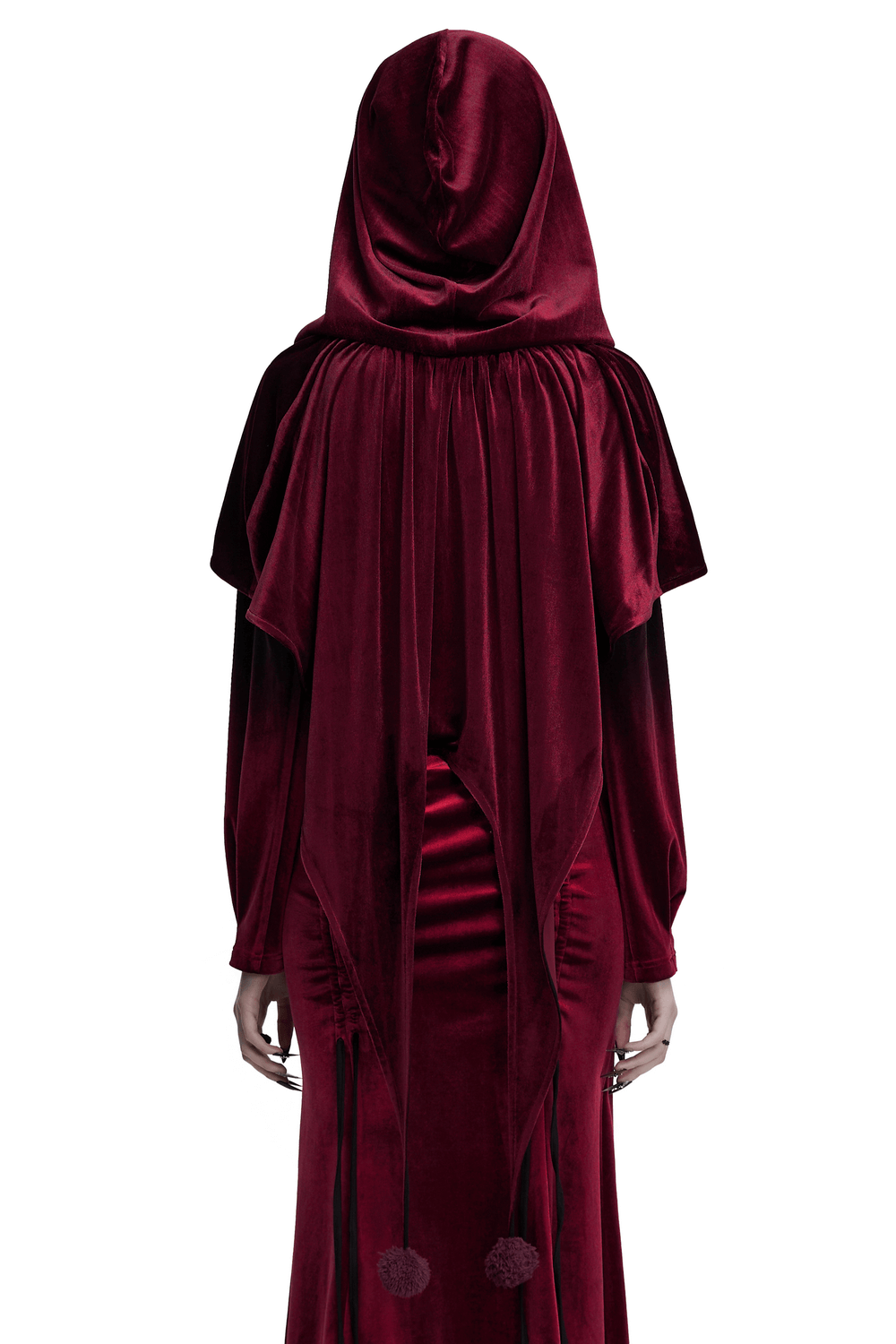 Elegant burgundy velvet hooded cape with pom pom ties, showcasing a dramatic flowing silhouette.