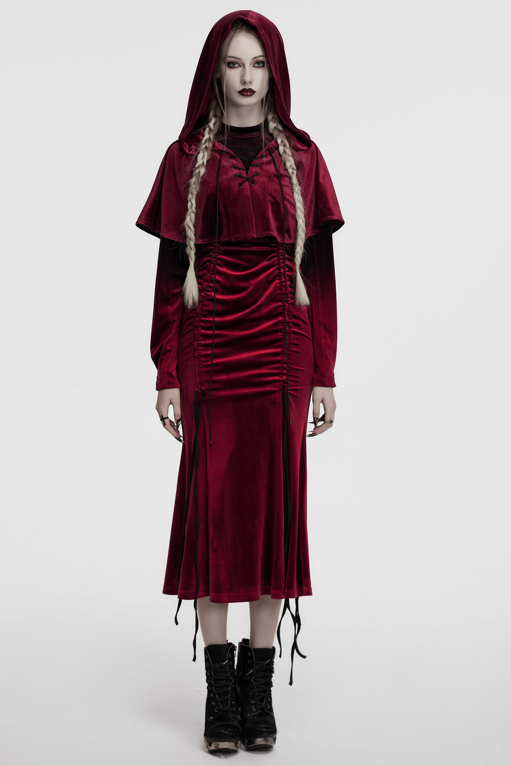 Gothic burgundy velvet hooded cape dress with pom pom ties, perfect for cosplay and alternative fashion.