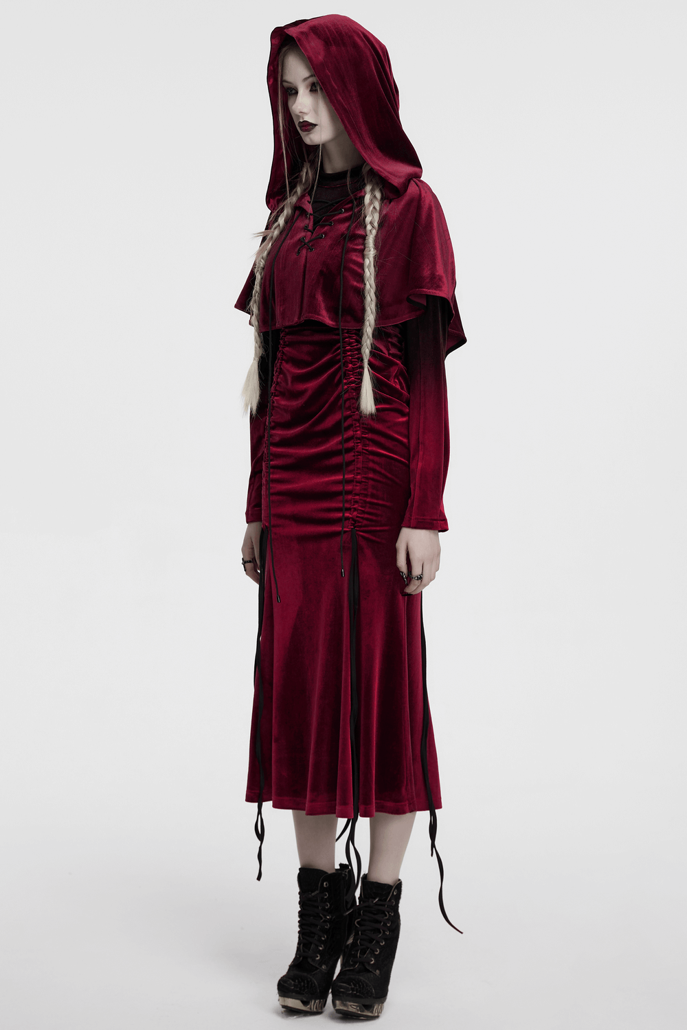 Burgundy velvet hooded cape with pom pom ties, ideal for cosplay and gothic outfits.