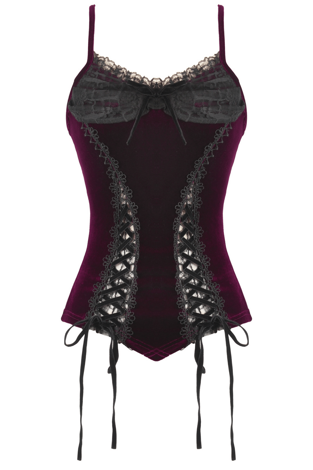 Burgundy velvet lace corset top with garter straps, featuring intricate detailing and a seductive silhouette.