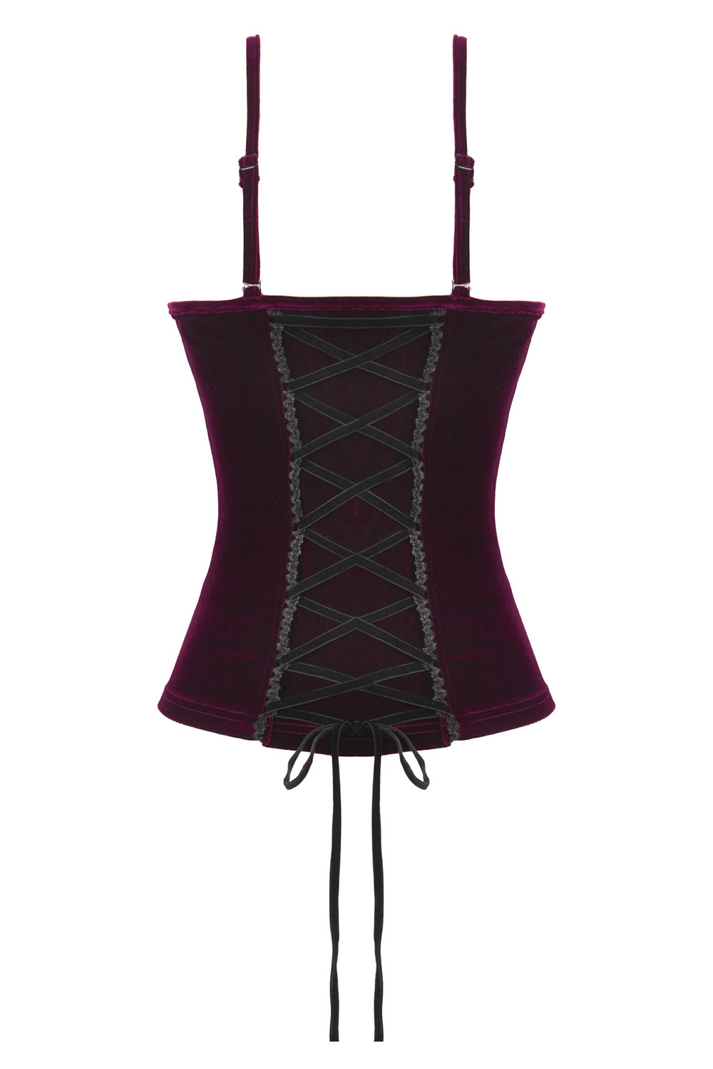 Burgundy velvet lace corset top with garter straps, featuring lace-up detail and elegant silhouette.