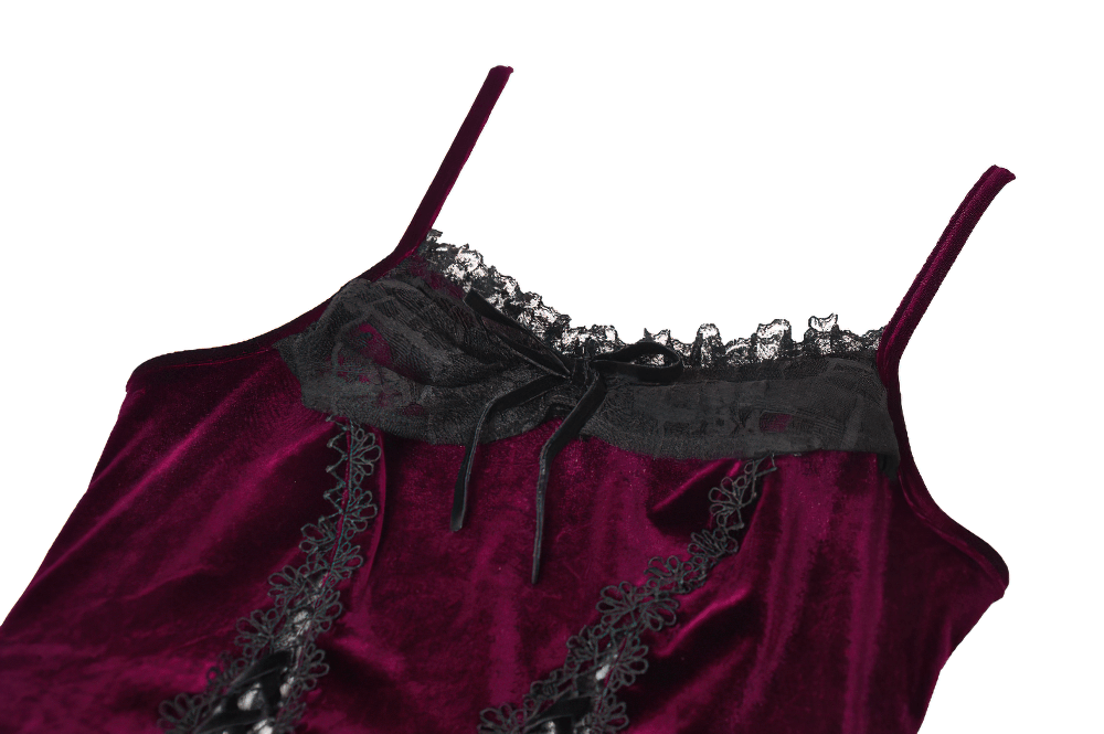 Burgundy velvet lace corset top featuring delicate garter straps and black lace trim for a sexy look.