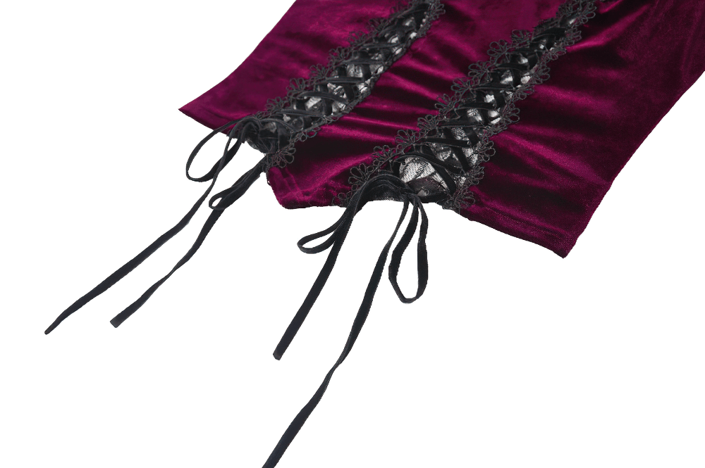Burgundy velvet lace corset top with garter straps showcasing intricate black lace detailing.