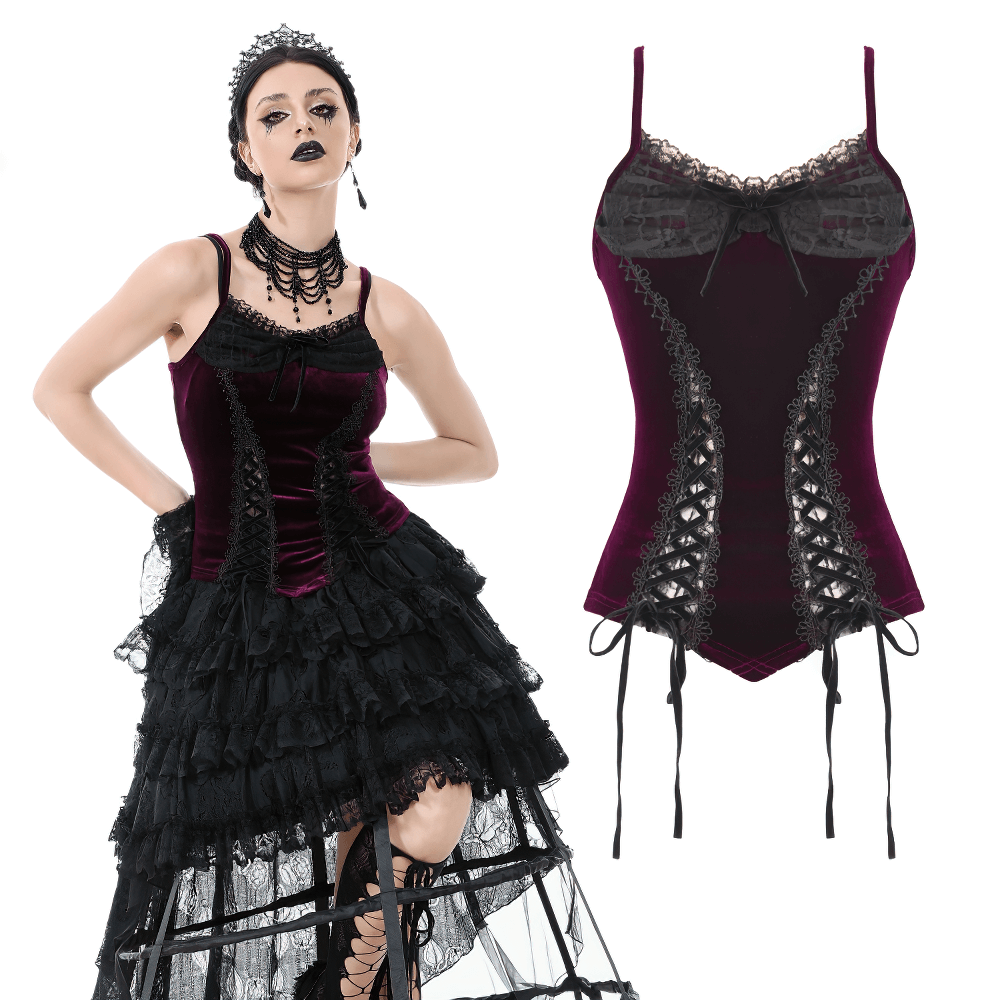 Burgundy velvet lace corset top with garter straps, perfect for a gothic chic look, featuring intricate lace detailing.