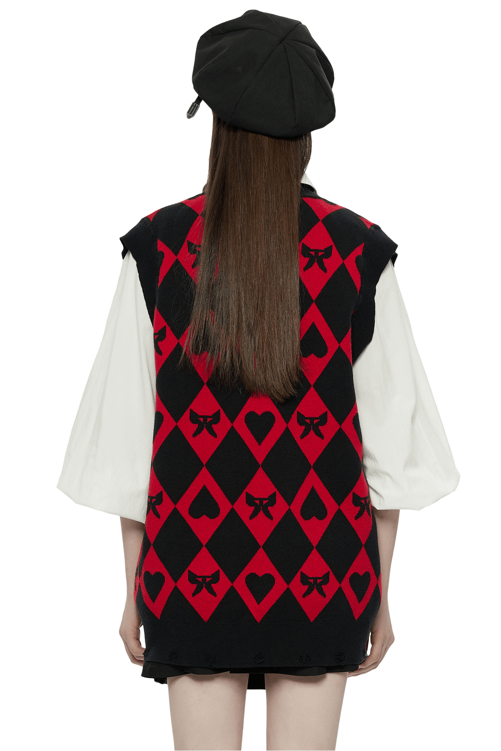 Back view of Punk Rave diamond weave vest with black and red argyle pattern featuring hearts and butterflies.