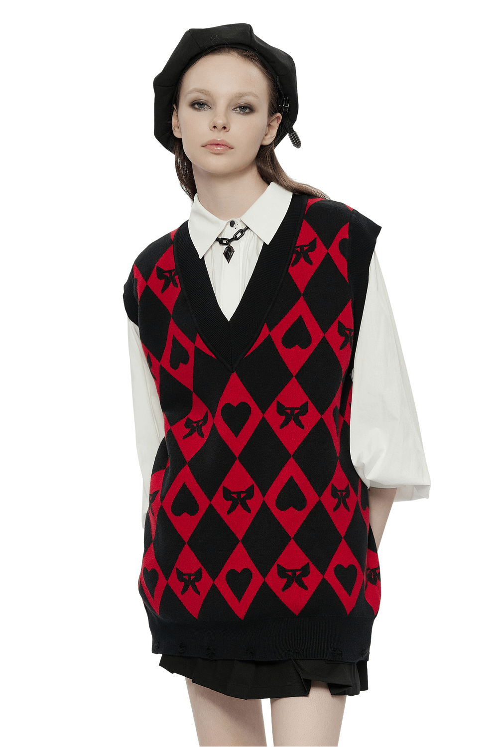 Punk Rave Women's diamond weave vest featuring red and black argyle, hearts, and a stylish V-neck design.