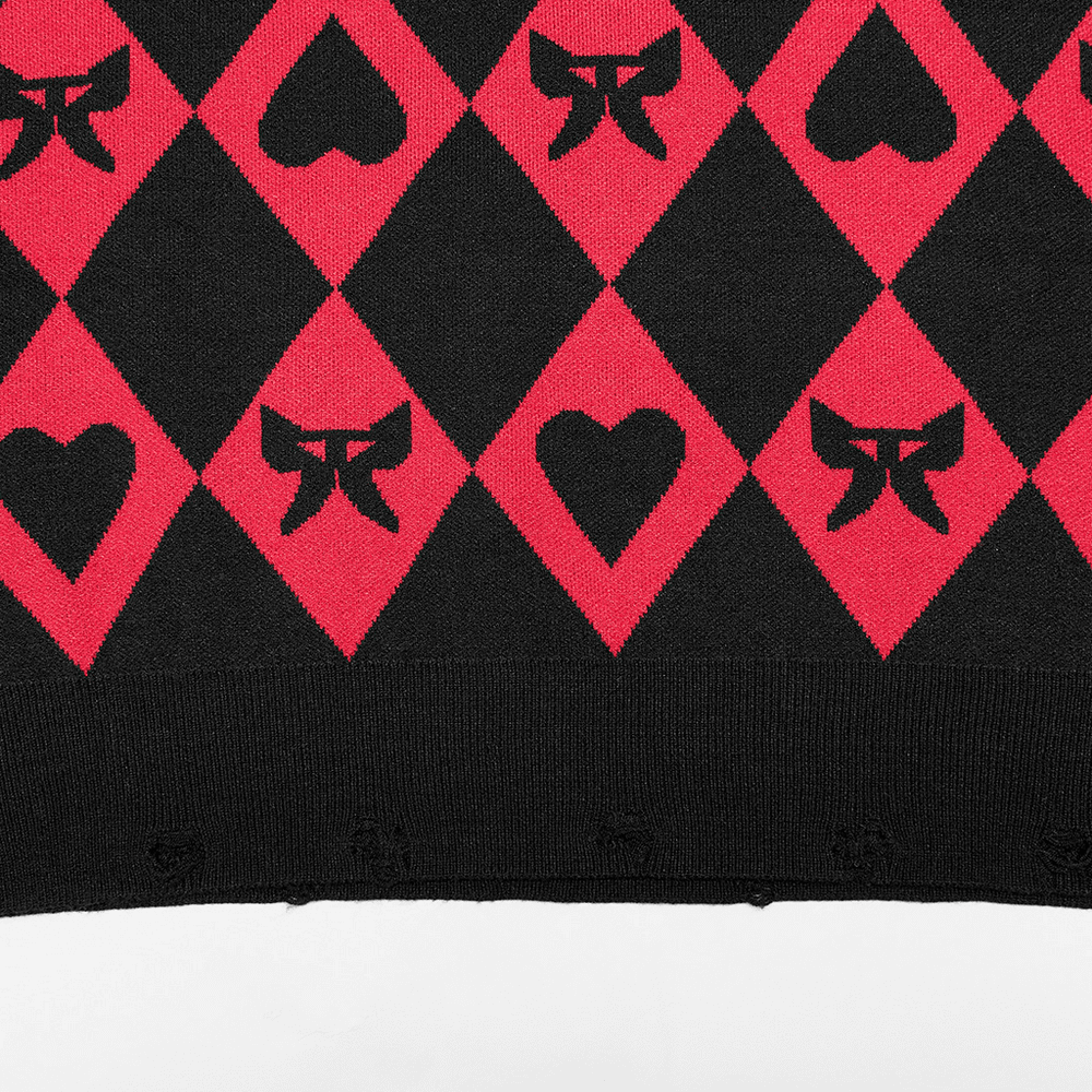 Close-up of a black and red argyle pattern featuring butterfly and heart shapes on a stylish vest.