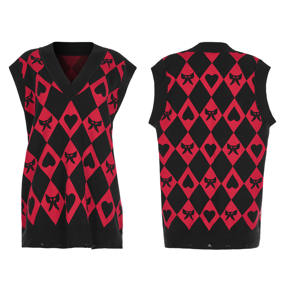 Punk Rave Women's diamond weave vest with butterfly and heart pattern in red and black argyle, sleeveless V-neck design.
