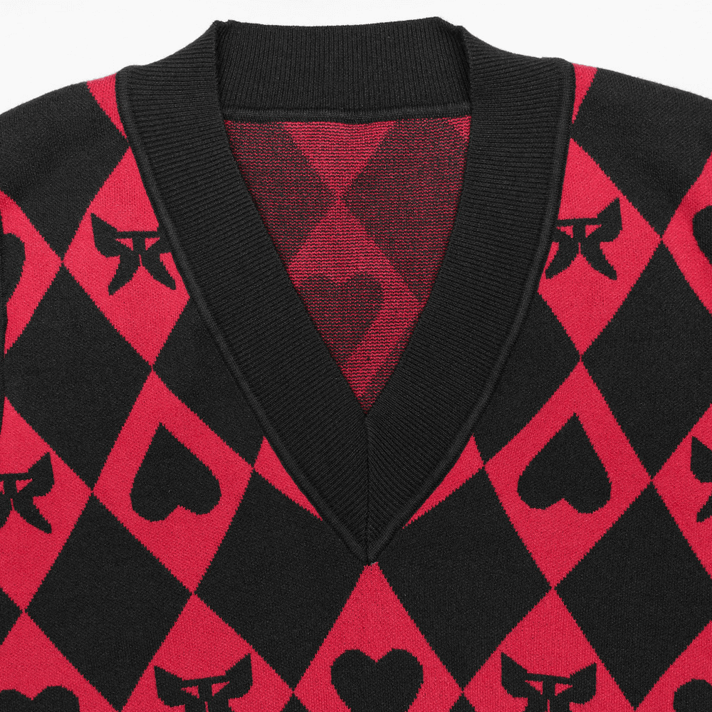 Close-up of a black and red diamond weave vest featuring butterfly and heart patterns, showcasing a V-neck design.