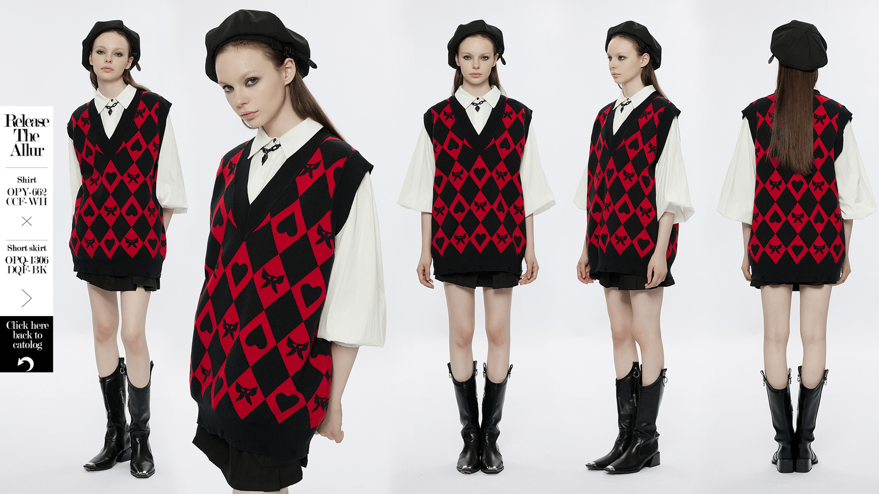 Punk Rave women's diamond weave vest featuring a red and black argyle pattern with butterflies and hearts.