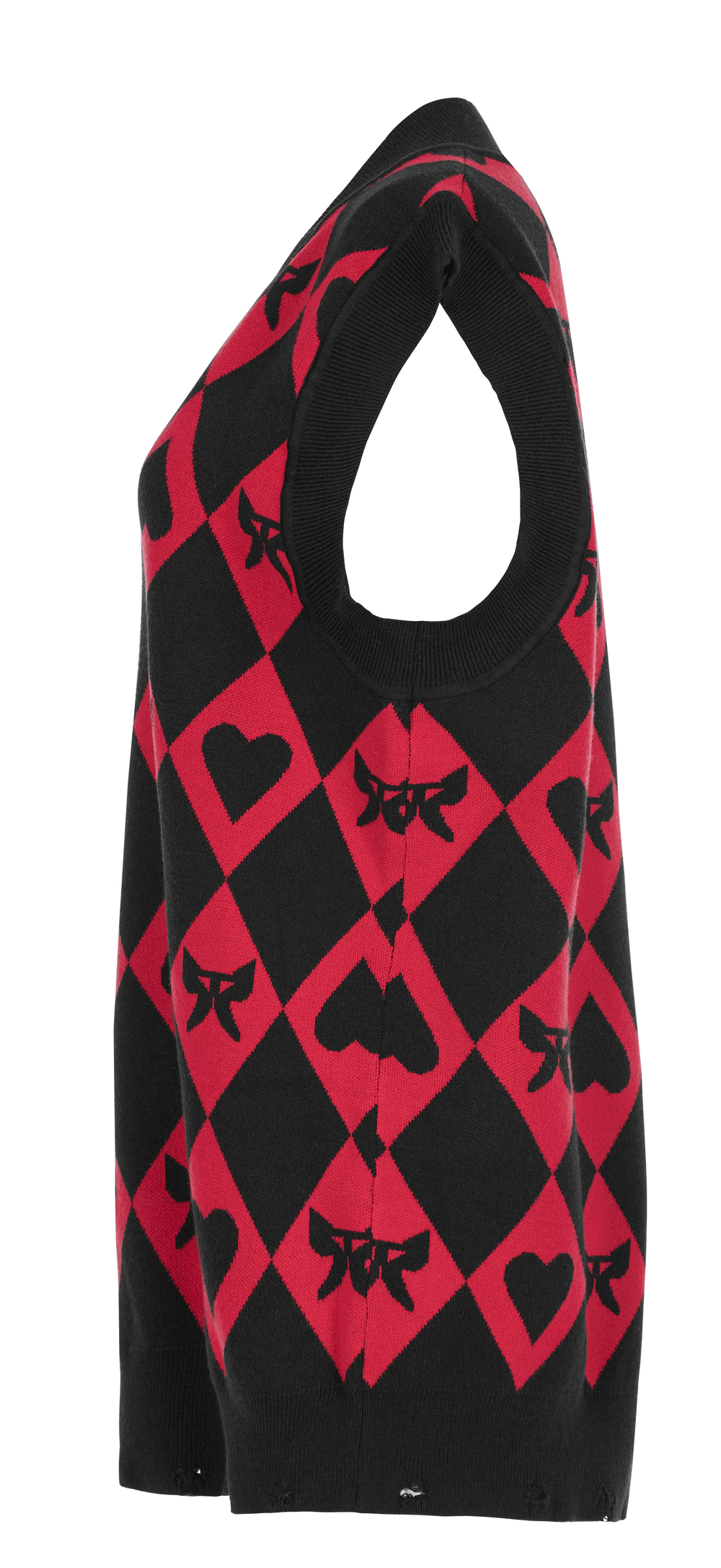 Punk Rave Women's diamond weave vest featuring black and red argyle with butterfly and heart patterns, sleeveless design.