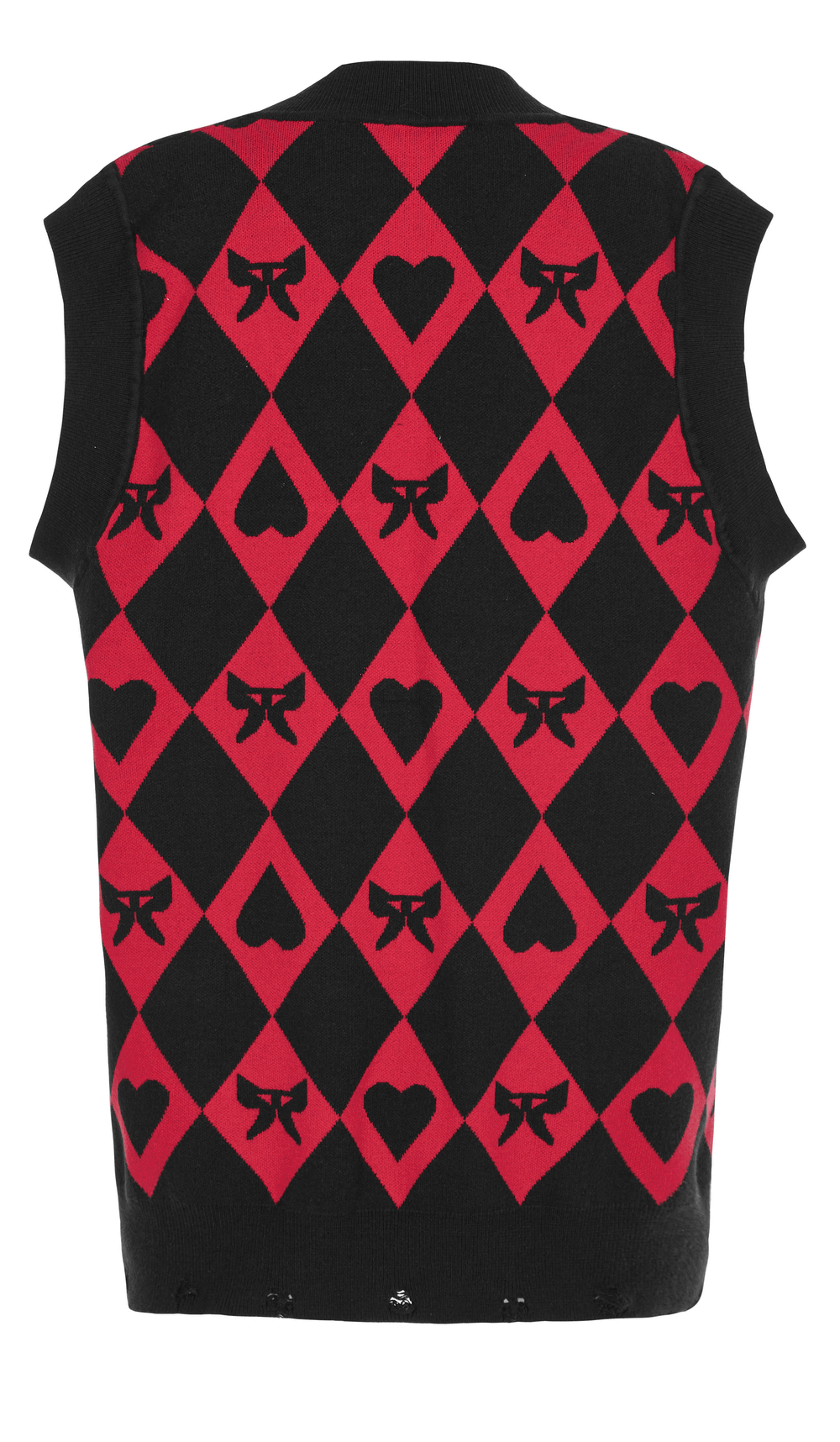 Back view of Punk Rave Women's Diamond Weave Vest, featuring a black and red argyle pattern with butterflies and hearts.