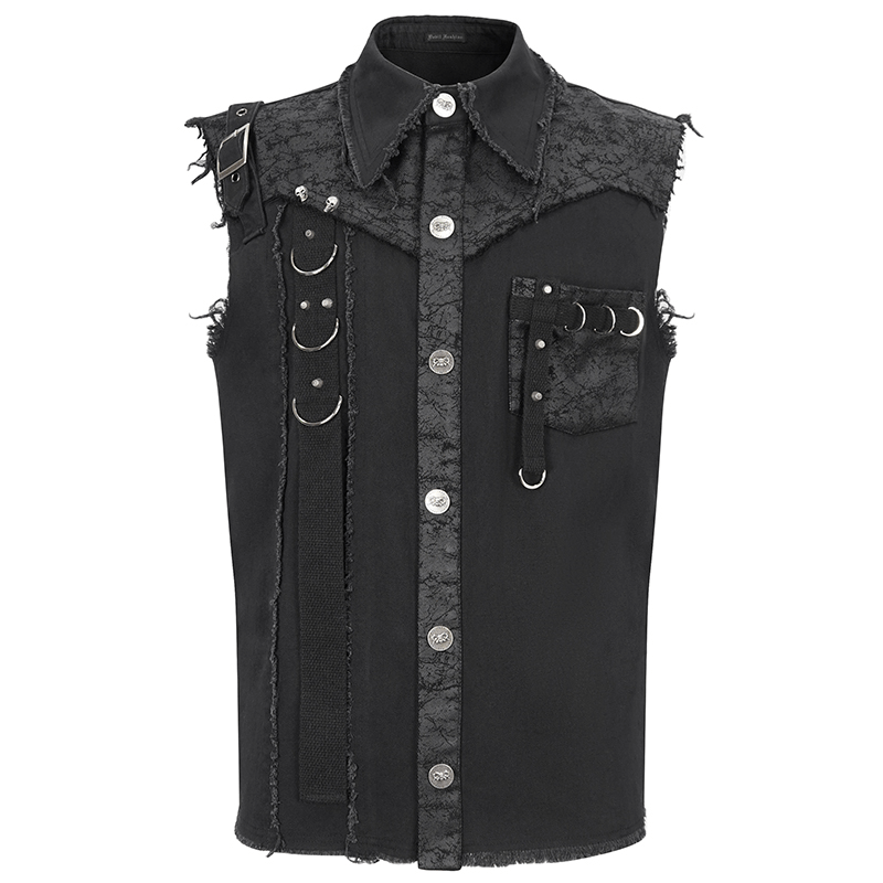 Men's punk sleeveless shirt with asymmetrical metal embellishments and button front for edgy alternative style.