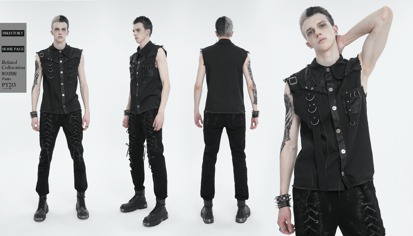 Men's punk sleeveless button front shirt with metal embellishments, stylish alternative fashion look.
