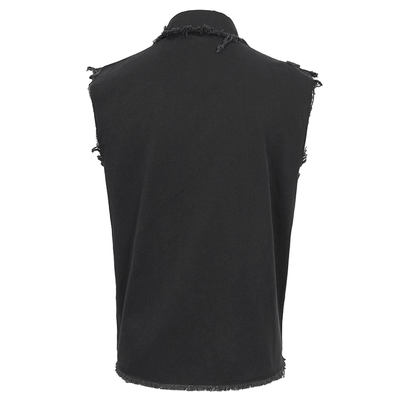 Back view of a men's punk button front sleeveless shirt featuring a frayed edge design.