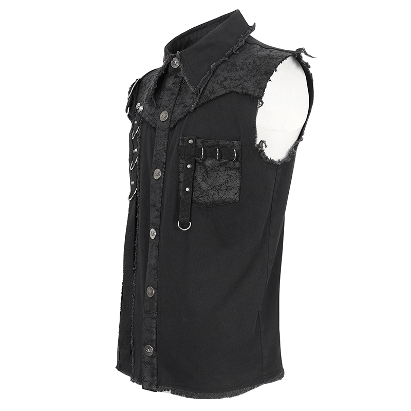 Men's punk sleeveless button front shirt with asymmetrical metal embellishments, perfect for edgy alternative fashion.