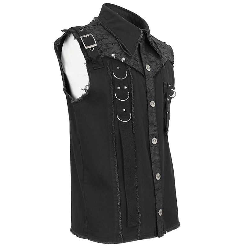Men's button front sleeveless punk shirt with asymmetrical metal embellishments and edgy style.