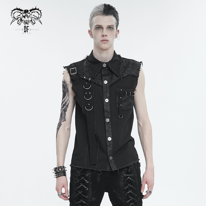 Button Front Sleeveless Shirt for Men / Punk Male Shirts with Asymmetrical Metal Embellishments - HARD'N'HEAVY