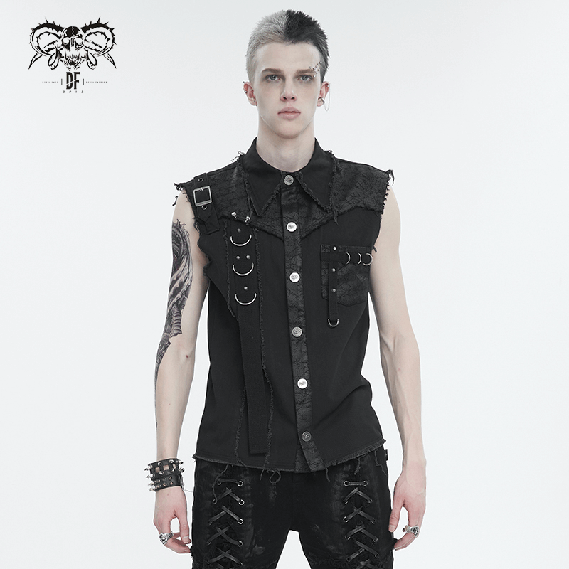 Men's punk sleeveless shirt with asymmetrical metal embellishments for a bold alternative fashion look.