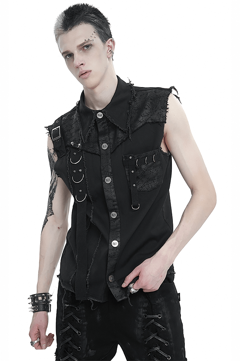 Men's punk button front sleeveless shirt featuring asymmetrical metal embellishments and edgy design.