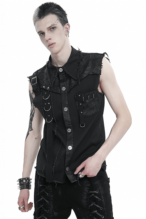 Ärmelloses Hemd mit Knopfleiste vorne für Herren / Punk-Männerhemden mit asymmetrischen Metallverzierungen