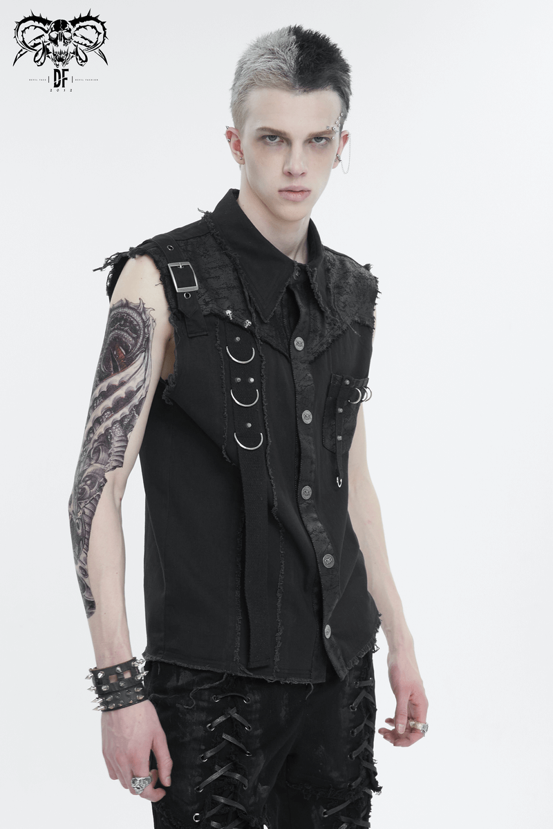 Men's punk sleeveless shirt featuring asymmetrical metal details and edgy design for alternative fashion lovers.