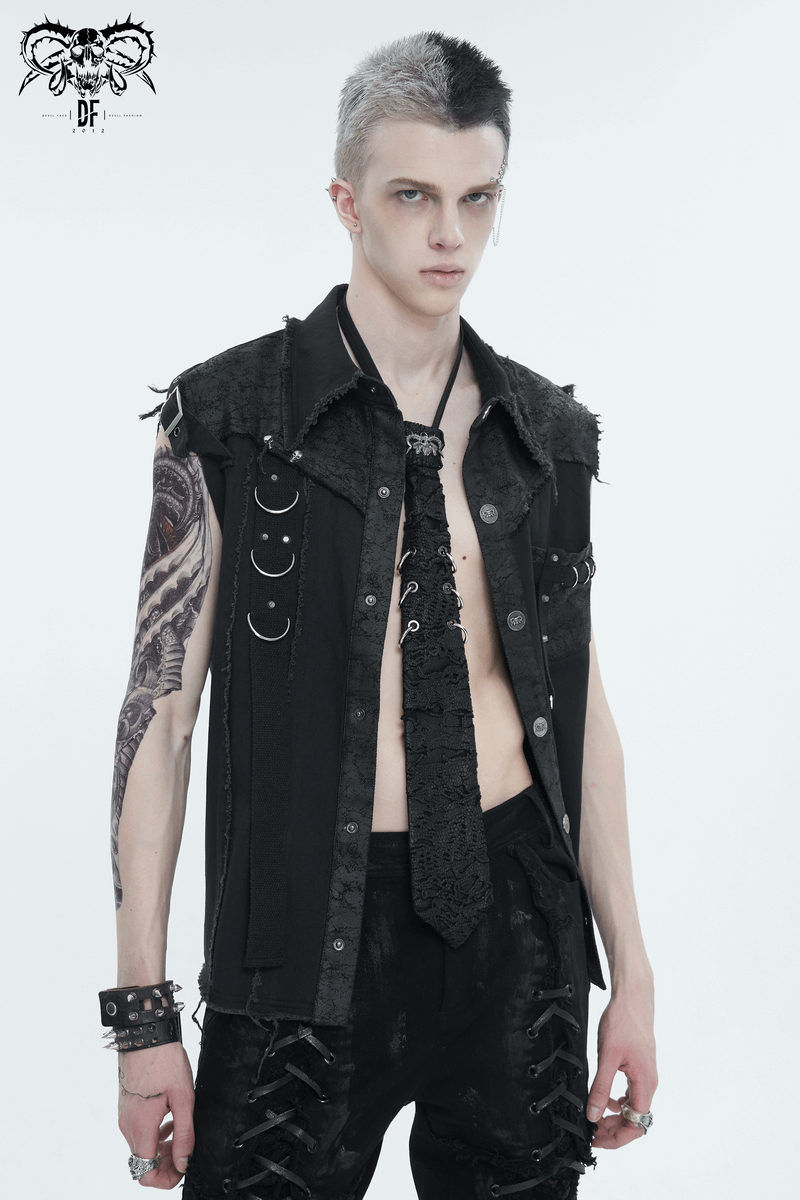 Button Front Sleeveless Shirt for Men / Punk Male Shirts with Asymmetrical Metal Embellishments - HARD'N'HEAVY
