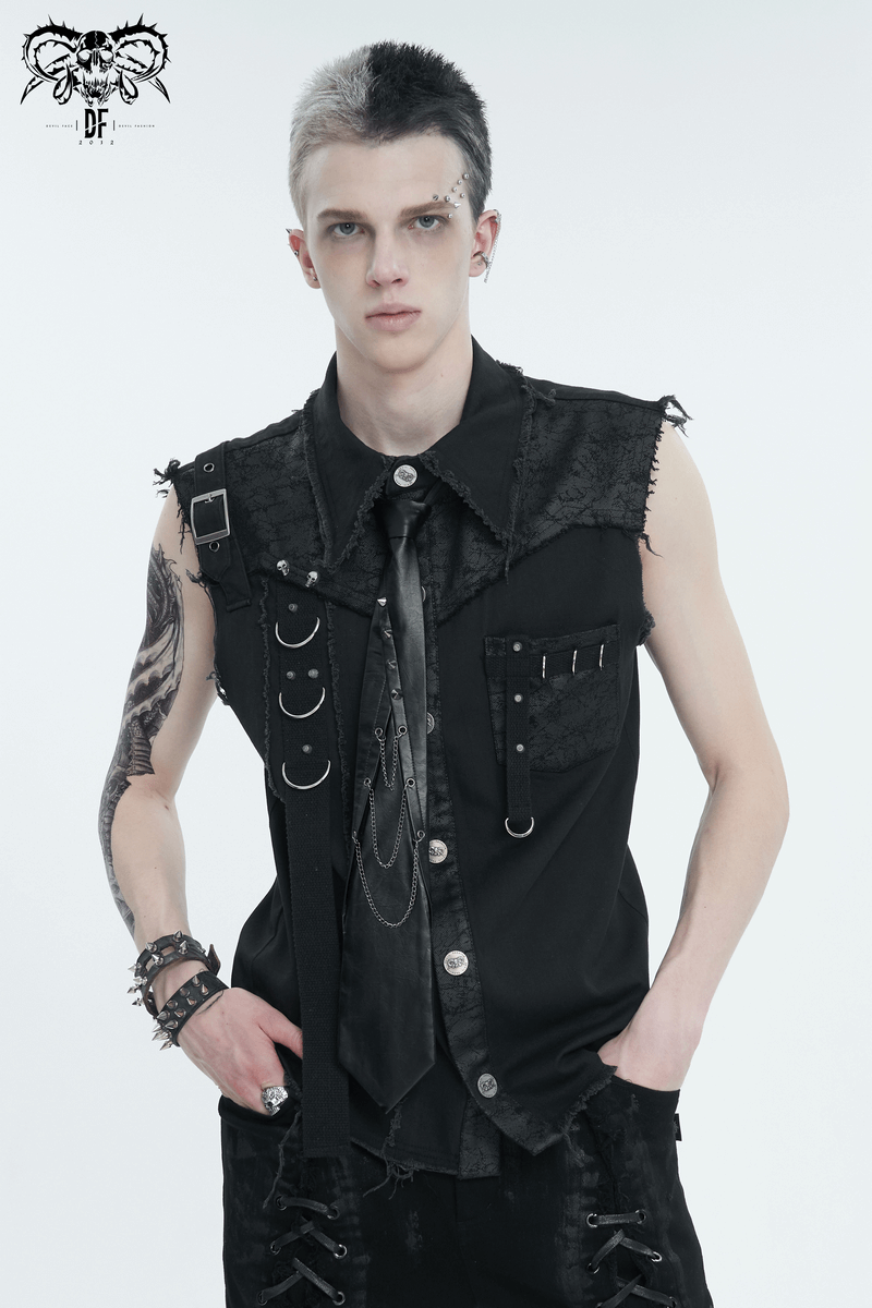 Men's punk sleeveless shirt with metal embellishments and edgy details, perfect for alternative fashion enthusiasts.