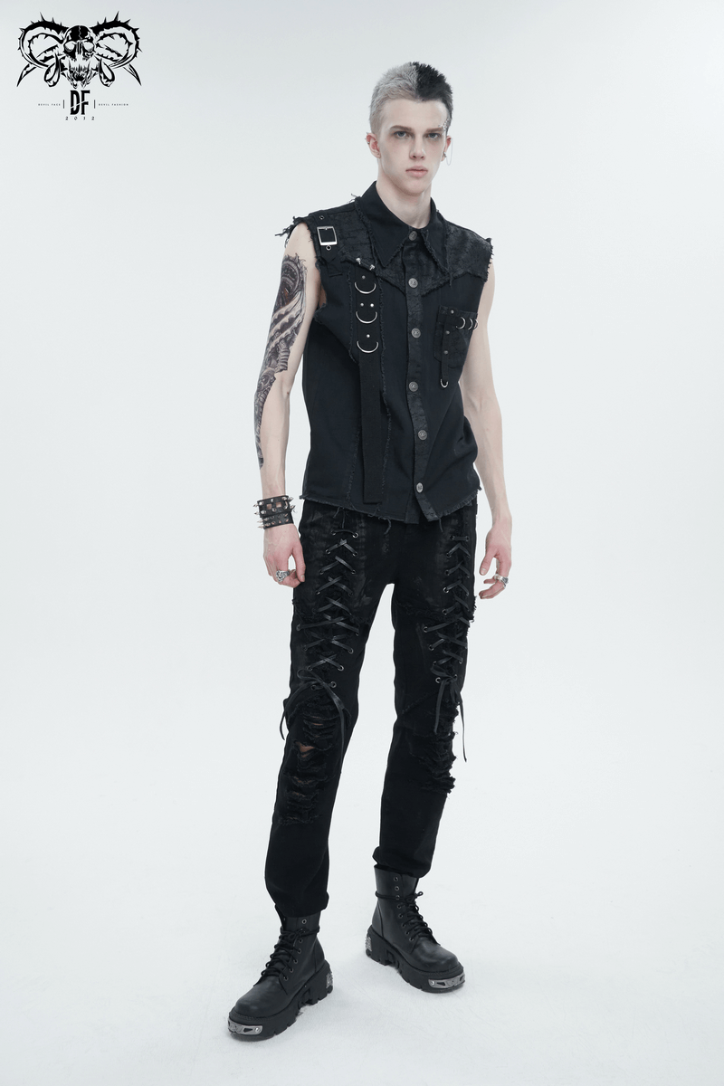 Men's punk button front sleeveless shirt with edgy asymmetrical metal embellishments, styled for alternative fashion.