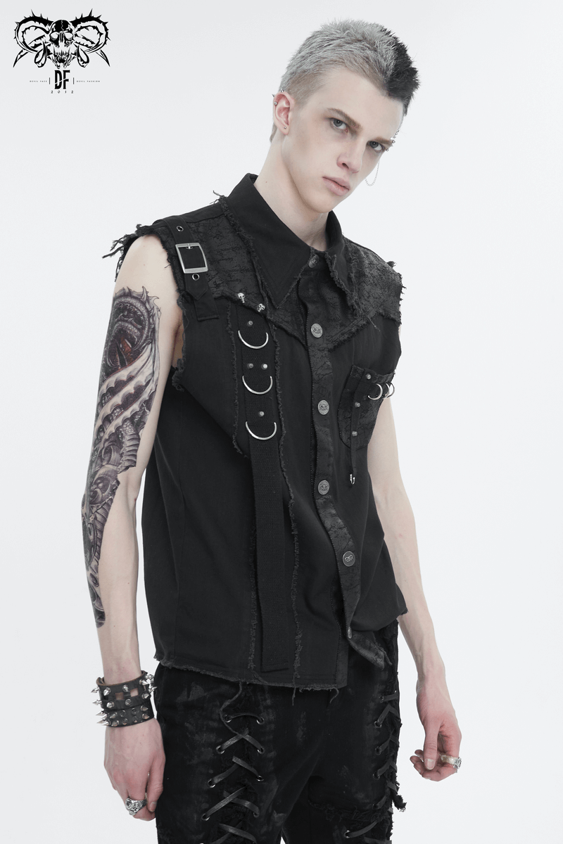 Men's punk sleeveless shirt with asymmetrical metal embellishments, bold style for alternative fashion lovers.