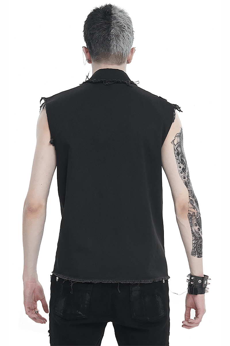 Back view of a sleeveless men's punk shirt with distressed edges and edgy style, showcasing rebellious fashion.
