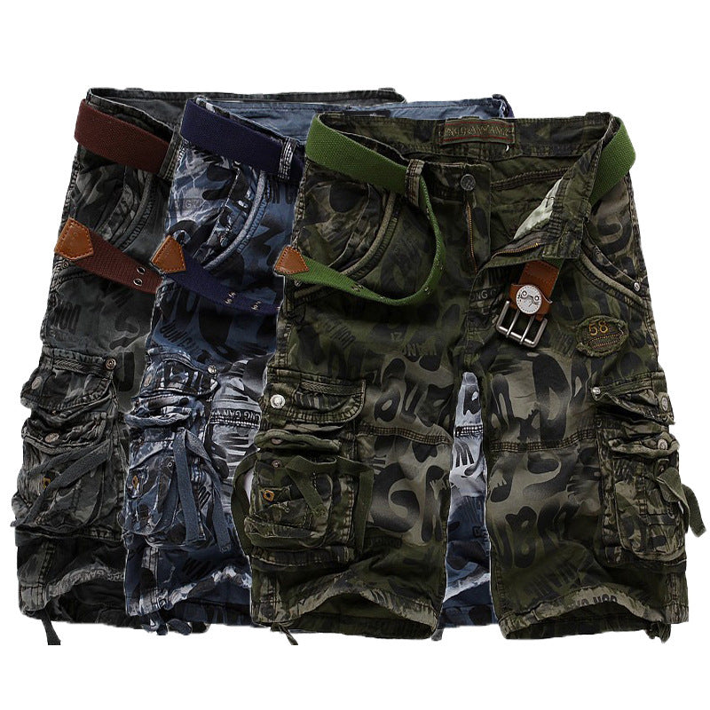 Set of camouflage military cargo shorts for men in blue, green, and dark patterns, perfect for alternative outfits.