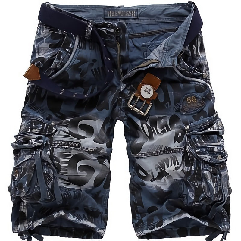 Camouflage military cargo shorts for men in blue, stylish alternative clothing, perfect for casual summer outfits.