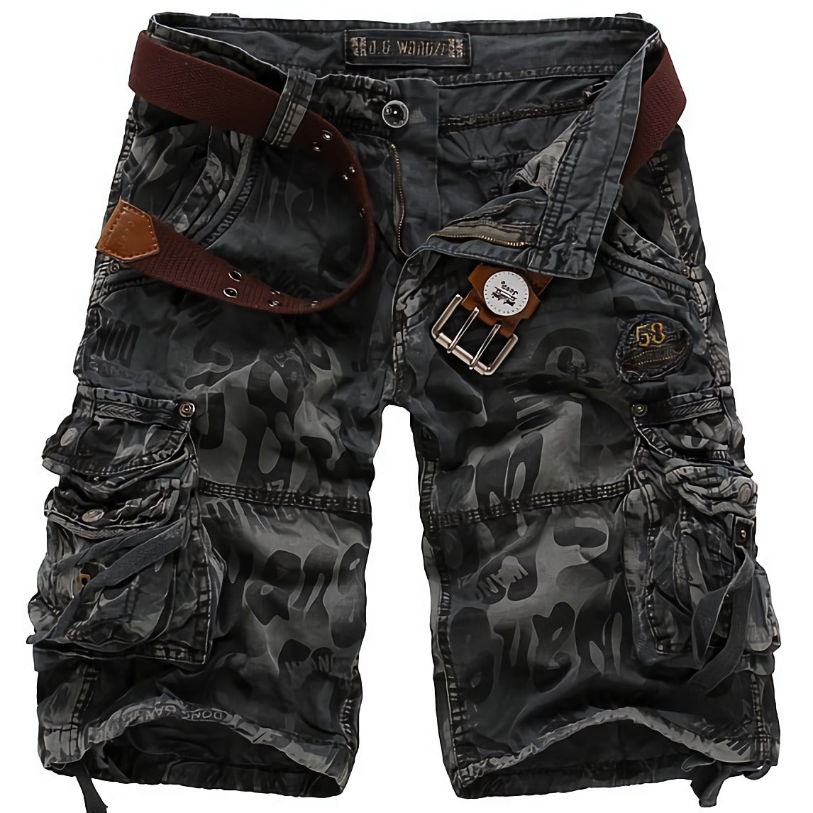 Camouflage military cargo shorts for men, stylish rock alternative fashion, multiple pockets, comfortable cotton material.