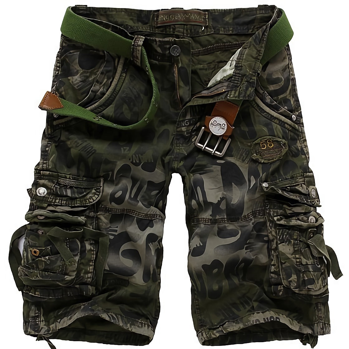 Camouflage military cargo shorts for men in green, featuring multiple pockets and a stylish alternative design.