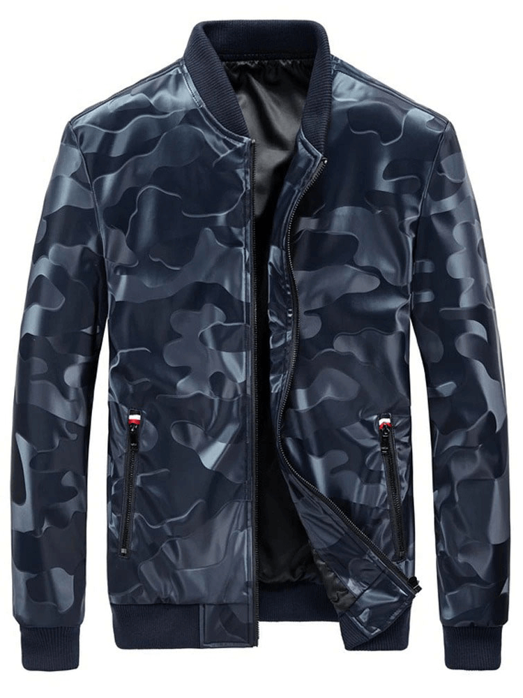 Camouflage PU leather jacket for men with stylish design and pockets, perfect for casual and trendy outfits.