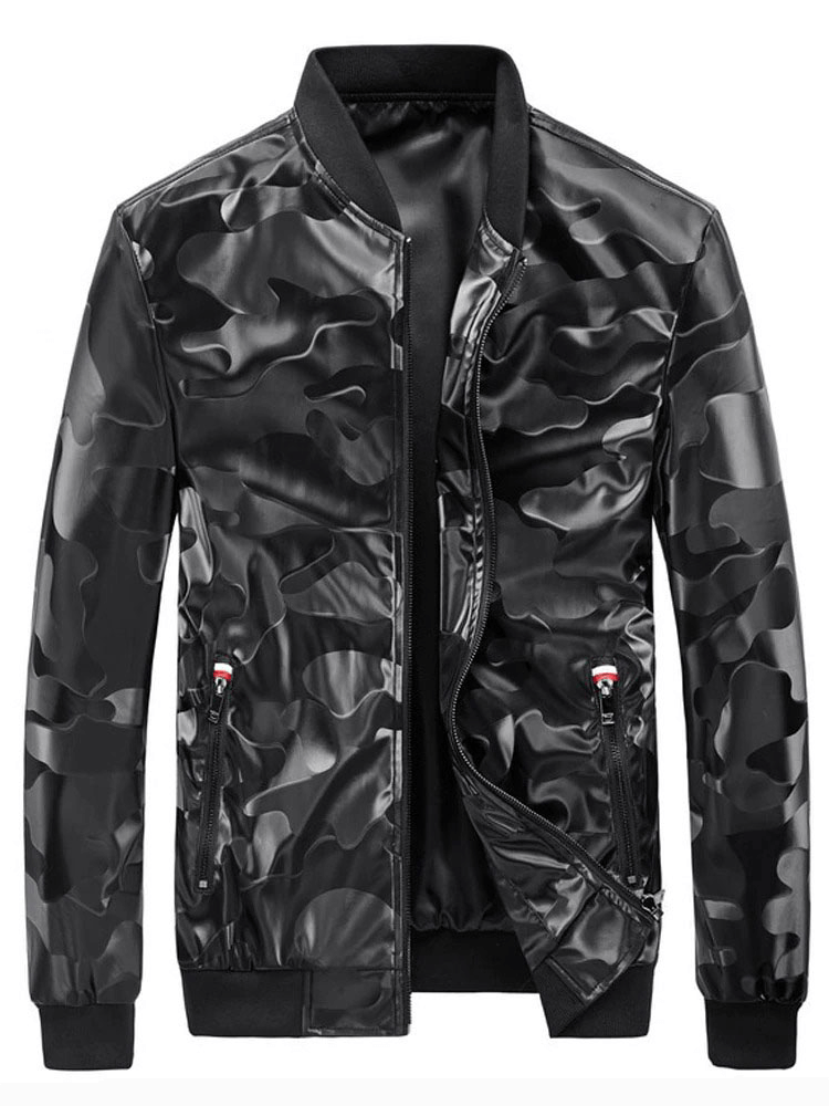 Men's camouflage PU leather jacket with pockets, stylish military-inspired design in trendy black.