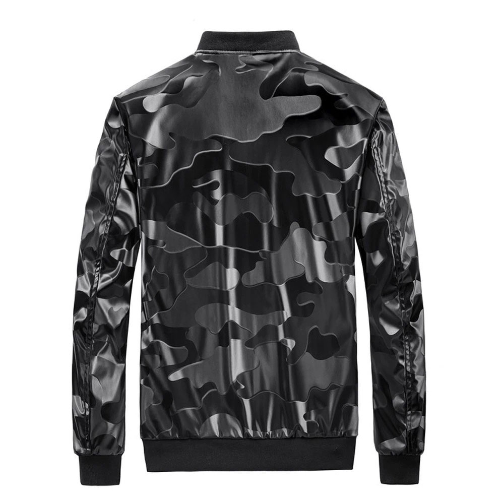 Stylish black camouflage PU leather men's jacket with pockets, perfect for casual wear.