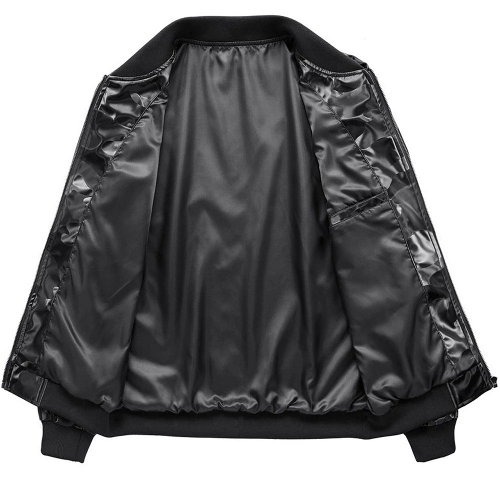 Interior view of a stylish black men's PU leather jacket with smooth lining and pockets, perfect for casual wear.