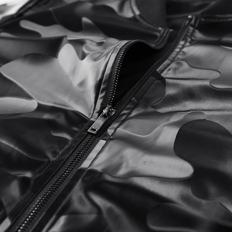 Close-up of a stylish camouflage PU leather jacket with a zipper, showcasing its trendy military-style print.