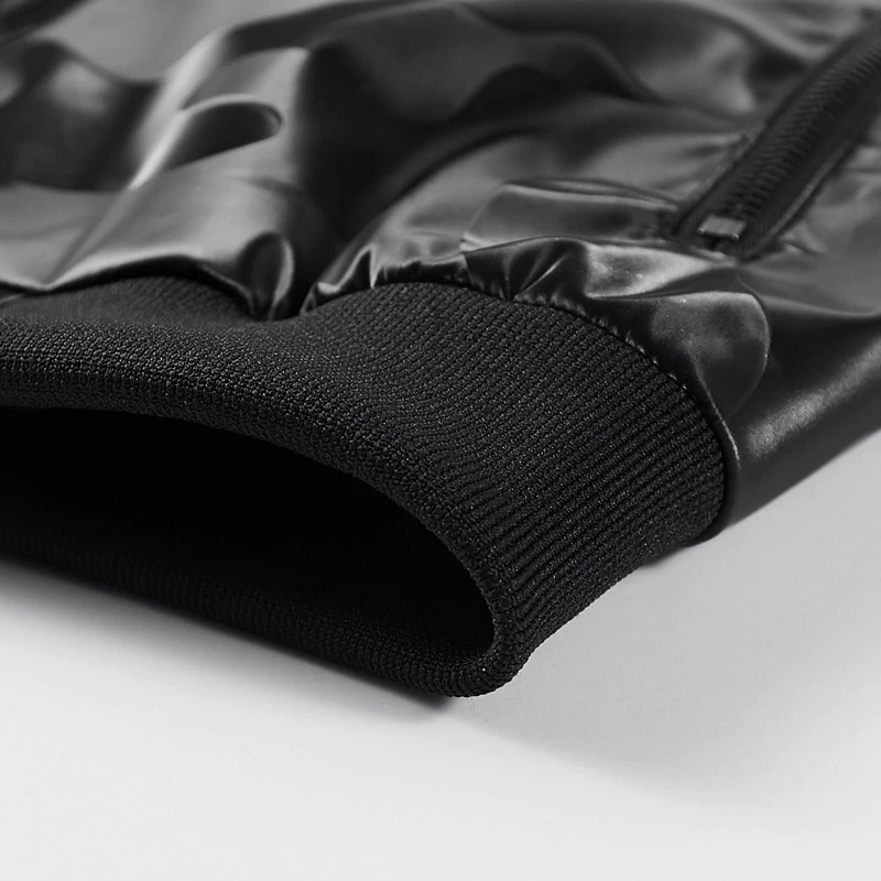 Close-up of black camouflage PU leather jacket sleeve featuring zipper and elastic cuff for stylish comfort.