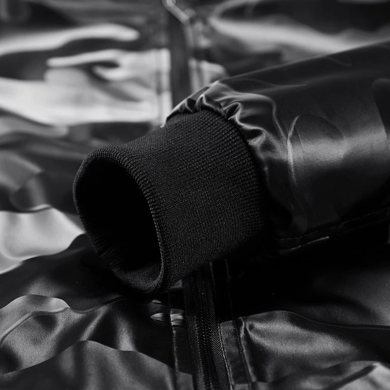 Close-up of the cuff on a Camouflage PU Leather Jacket, showcasing stylish ribbed detail and trendy design.