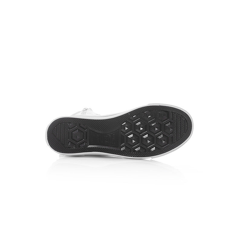 Sole of white canvas women's lace-up mid-calf sneakers designed for rock style and comfort.