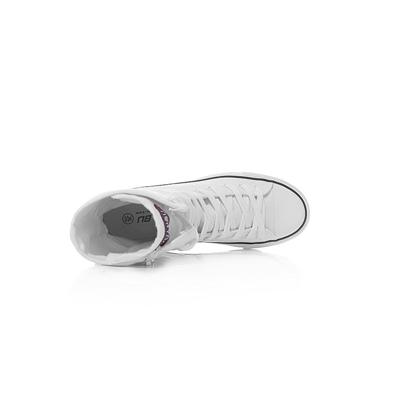 Top view of white canvas women lace-up mid calf sneakers, perfect for a punk rock style outfit.