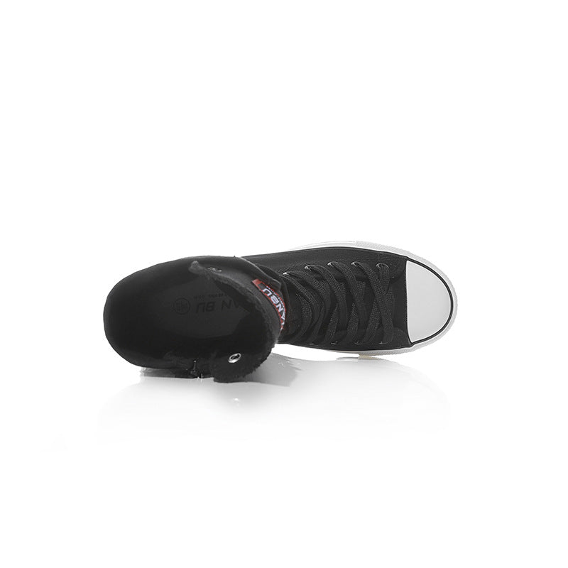 Black canvas women lace-up mid calf sneakers for an edgy rock style look, featuring a comfortable design.